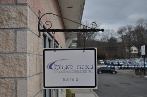 [city] Wayfinding Signs outdoor hanging blade sign blue sea building business wayfinding address sign 300x199